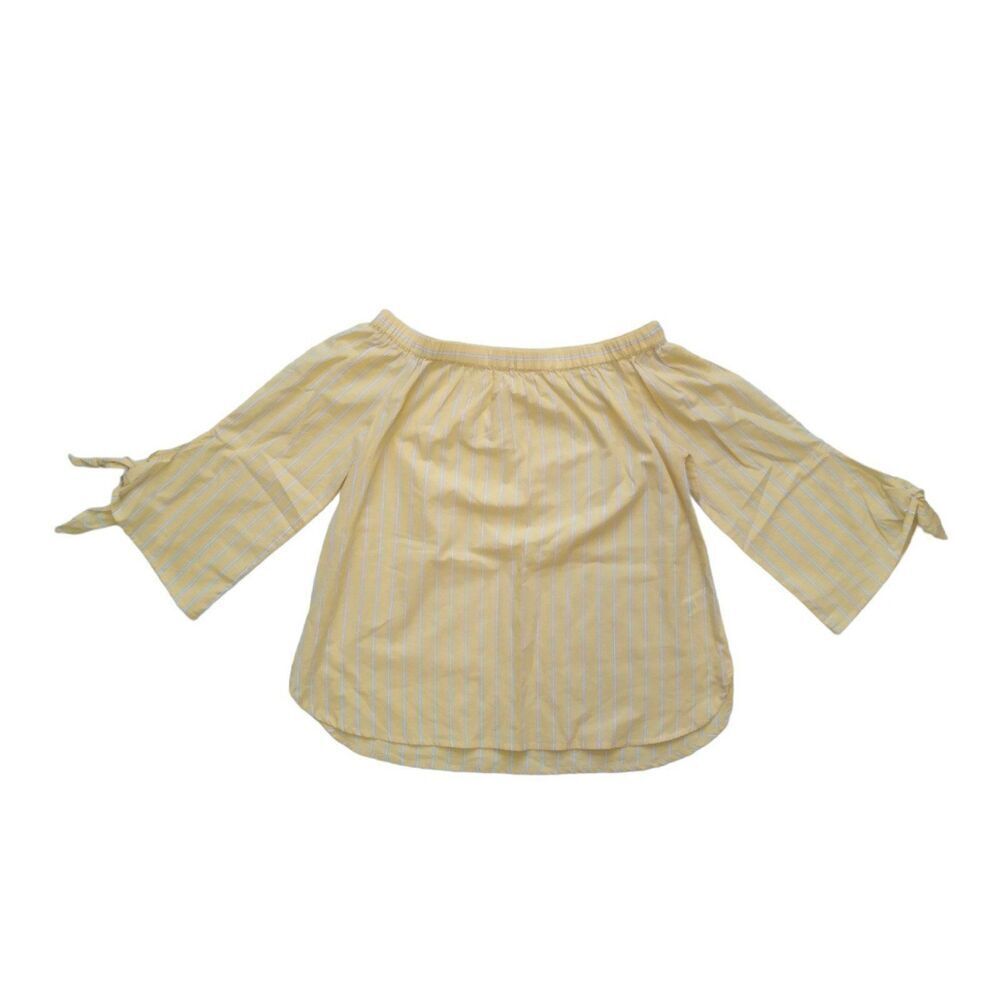 Beach lunch lounge Paige Yellow Striped Off the Shoulder Bell Sleeve Blouse XL